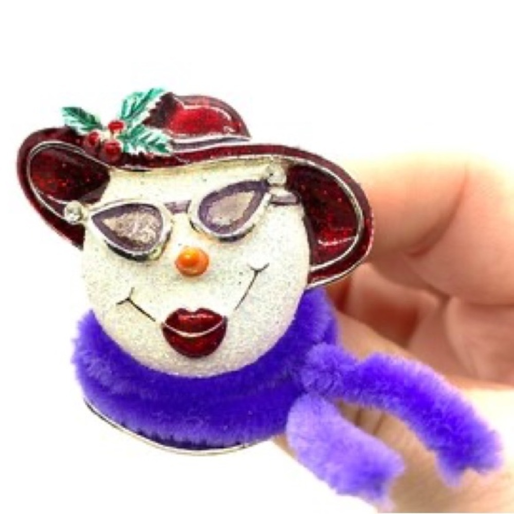 Vintage Red Hat Society Frosted Snowman Brooch With Purple Boa & Glasses